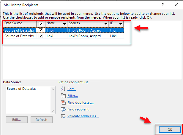 merge data from excel to word