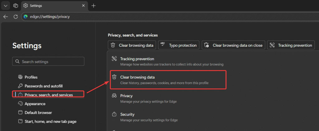 Screenshot of Microsoft Edge open Clear browsing data