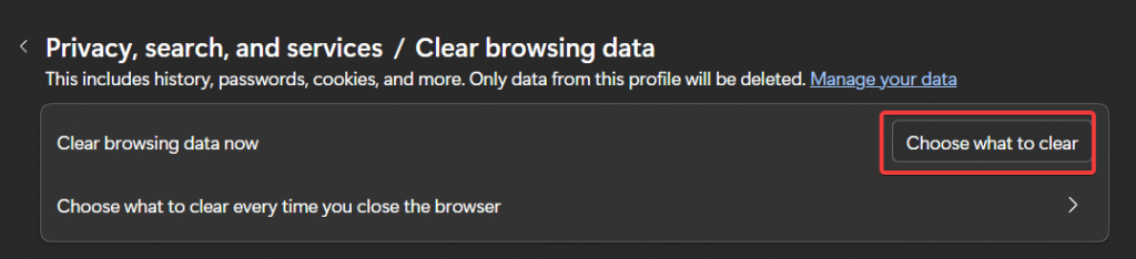 Screenshot of Microsoft Edge Choose what to clear