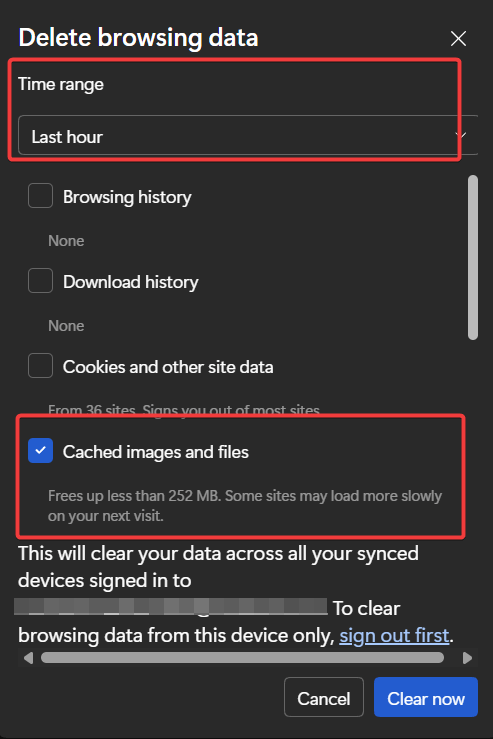 Screenshot of how to clear cache in Edge