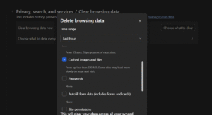 screenshot of microsoft edge clear cache
