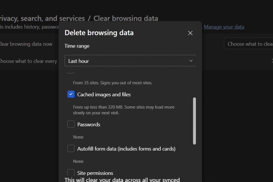 screenshot of microsoft edge clear cache