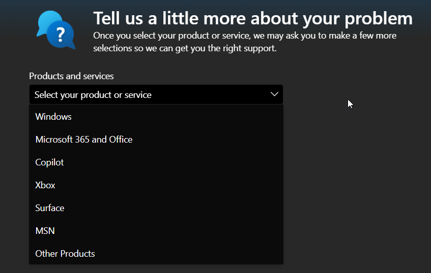 image shows the main interface of the Windows "Get Help" to choose Product and Services