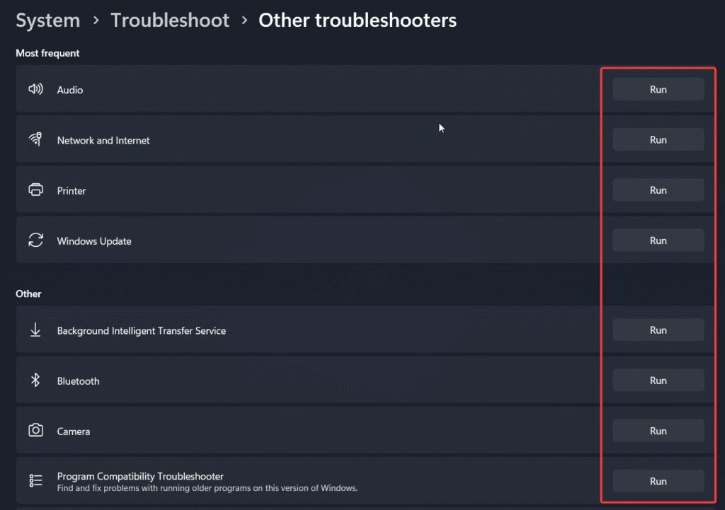 windows other troubleshooters run