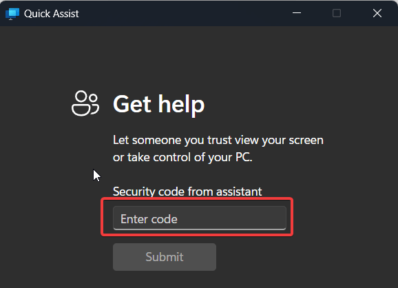 quick assist security code from assistant