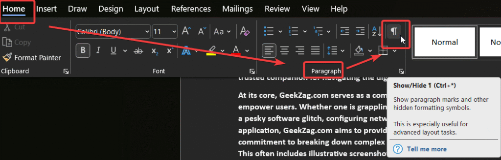 how to delete a page in Word-enabling formatting marks