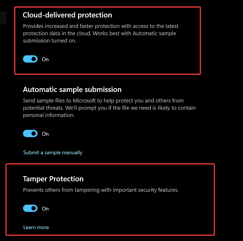 Screenshot of enabling Cloud-delivered protection and Tamper Protection on Windows Security