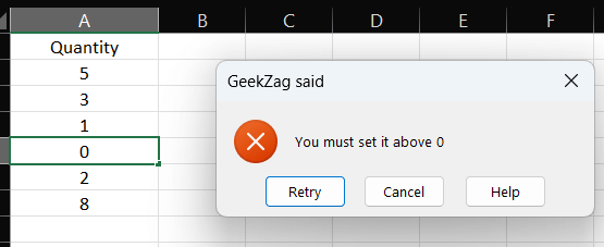 how to create a drop down list in excel - error message