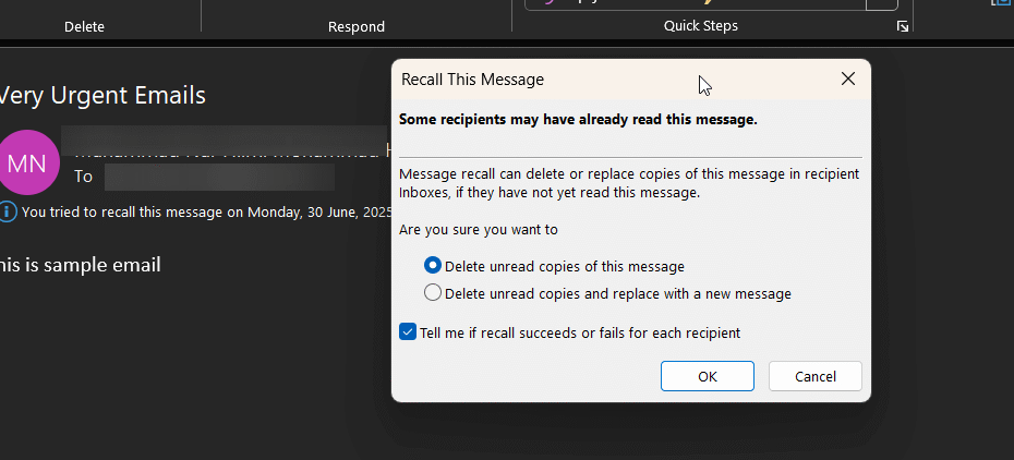 how to recall email in outlook