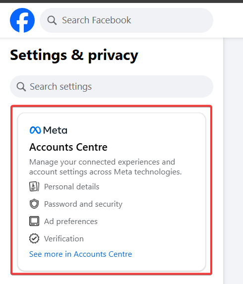 a screenshot showing Facebook Accounts Centre