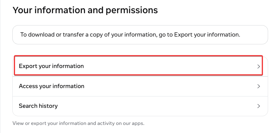 a screenshot showing Facebook information and permissions to export your information