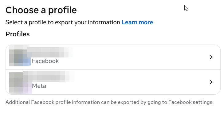 a screenshot showing Facebook profile to export