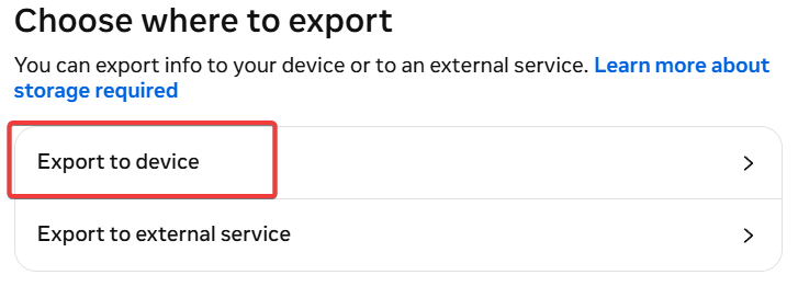 a screenshot showing Facebook profile export information location