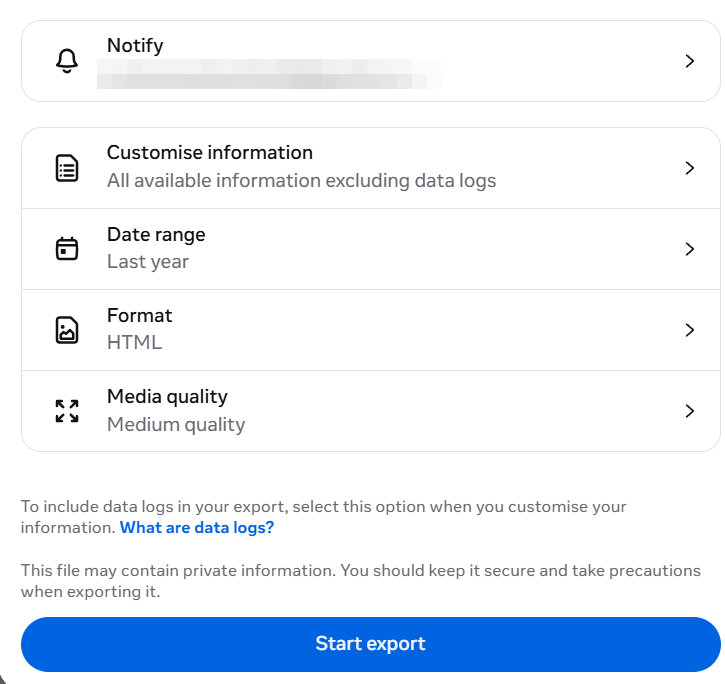 a screenshot showing Facebook profile export your information