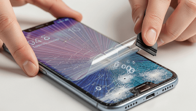 applying screen protector on cracked phone screen