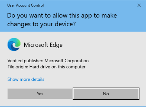 run Microsoft Edge as admin prompt UAC