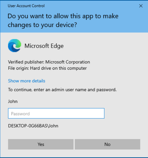 run Microsoft Edge as admin ask password if not admin