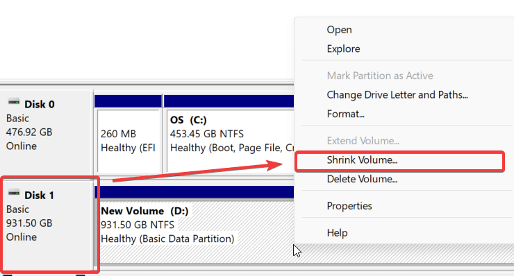 shrink volume on disk