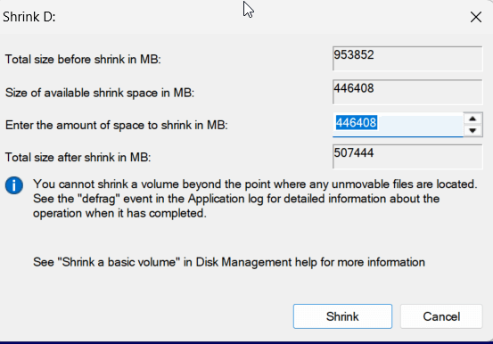 configure shrink volume
