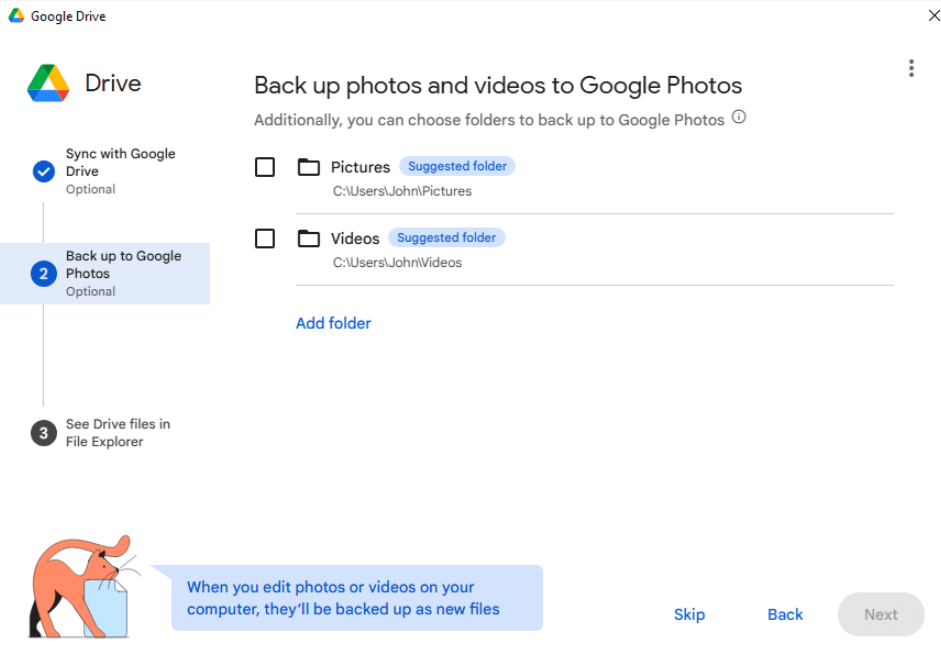 google drive for desktop confirm folders to backup