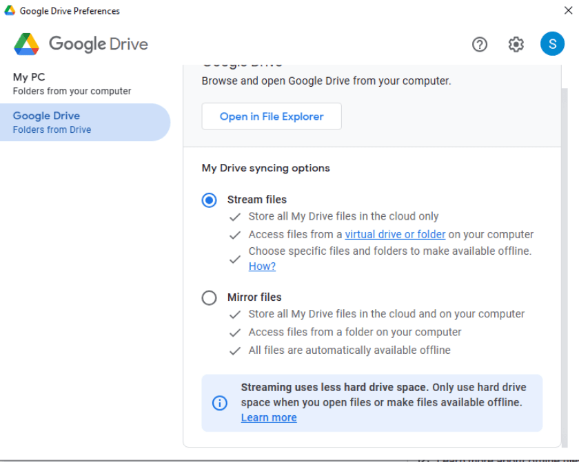 google drive for desktop choose syncing options