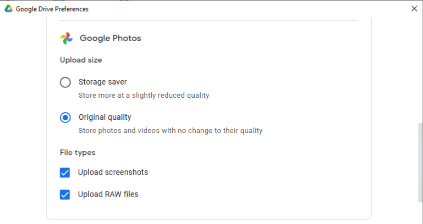 google drive for desktop choose upload media to google photos