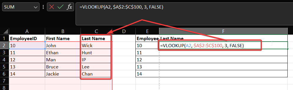 excel table showing vlookup from original table to new table