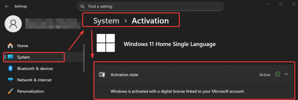 Screenshot of Windows is activated with a digital license linked to your Microsoft account
