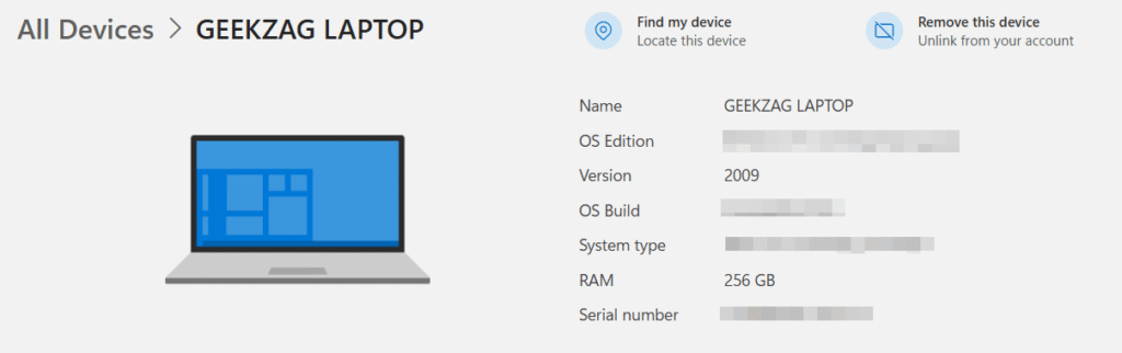 Screenshot of device status in Microsoft Account