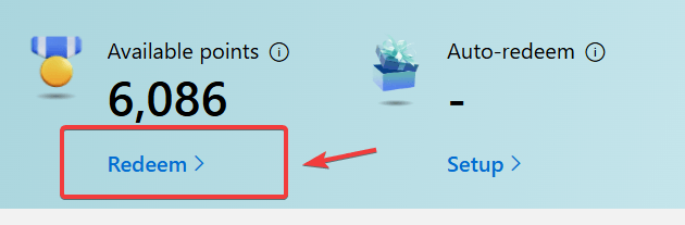 Screenshot of Microsoft Rewards showing redeem link