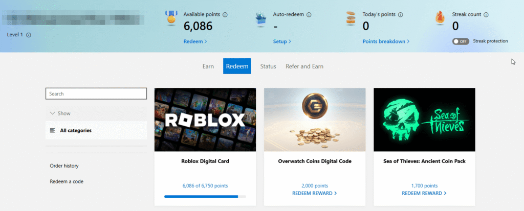 Screenshot of Microsoft Rewards gift can be redeemeed