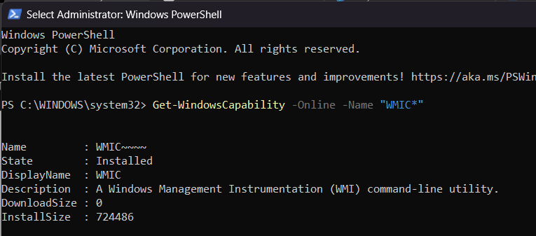 screenshot of WMIC status on command prompt