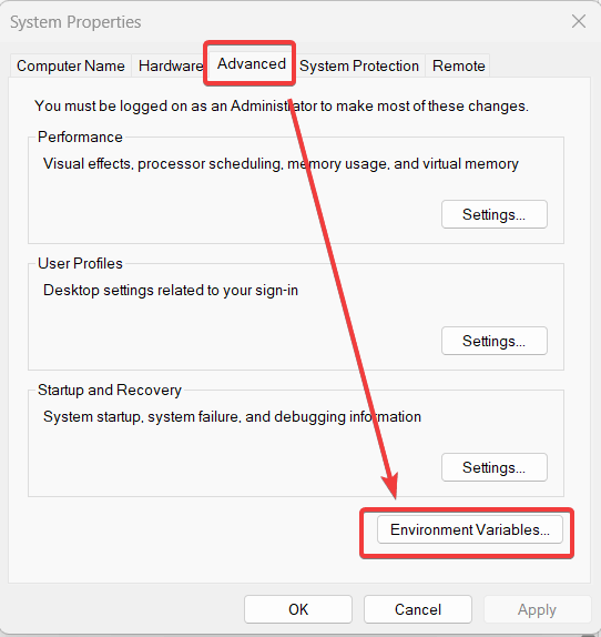 screenshot of Windows System Properties showing Advanced tab and Environment Variables