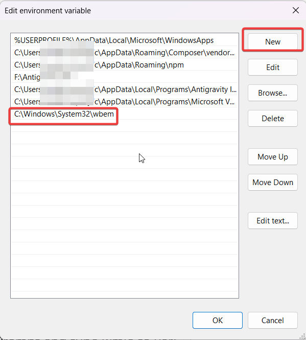 screenshot of adding WMIC into System Variables PATH