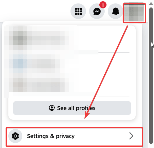 screenshot of guiding user to click Settings & Privacy on Facebook