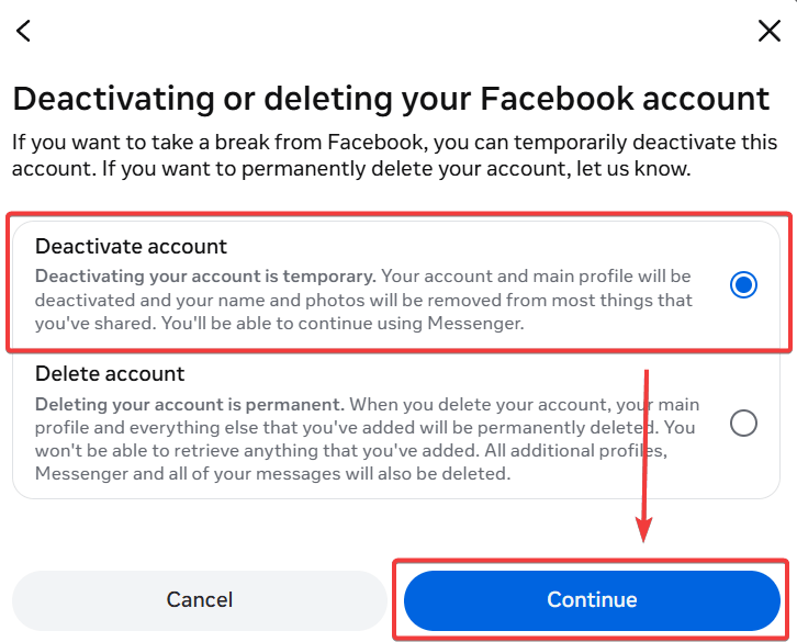 screenshot of Facebook option to deactivate Facebook