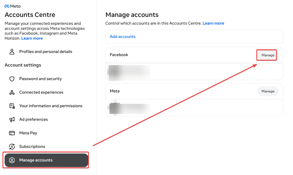 screenshot of Facebook on Manage accounts