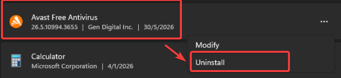 screenshot of uninstall avast antivirus