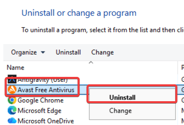 screenshot of uninstall avast antivirus