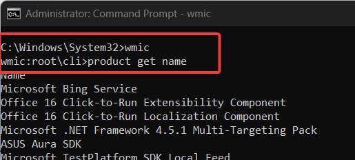 screenshot of command prompt getting installed product name